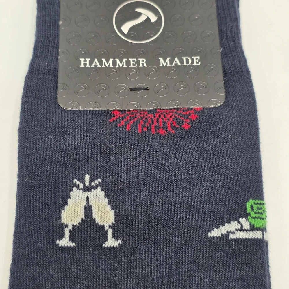 Hammer Made Men's Crew Socks Festive Pattern Navy Blue Cotton‎ Blend New